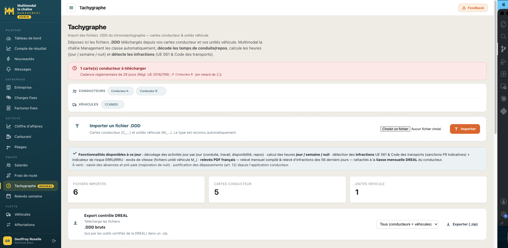 Écran d'import des fichiers .DDD dans Multimodal la chaîne Management, avec alertes de cadence et export DREAL